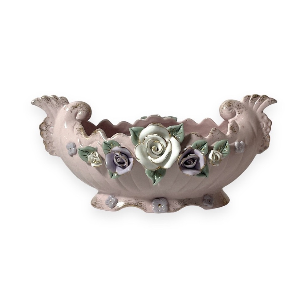 Vintage Pink Capodimonte Style Floral Porcelain Bowl Trinket Dish Vanity‎ Decor